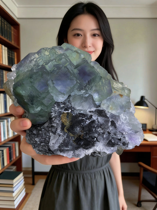 Natural Green Fluorite &amp; Chalcopyrite Symbiotic Mineral Specimen
